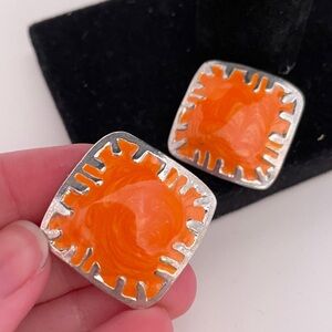 Vintage 80’s Heavy Silver Tone Orange Enamel Indie Festival Summer Earrings